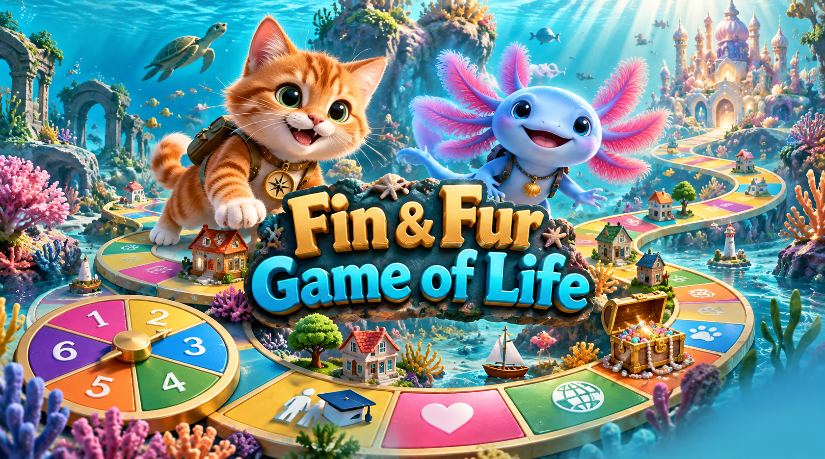 Fin & Fur Game of Life: an orange cat and blue axolotl on a colorful reef board-game adventure