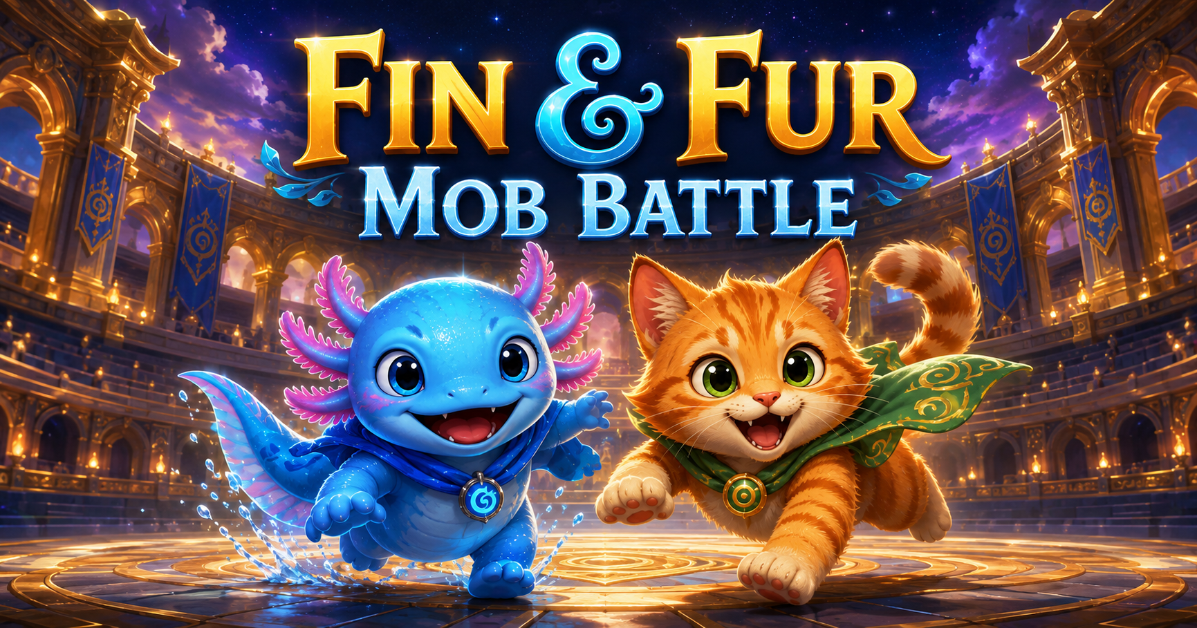Fin & Fur Mob Battle: a smiling blue axolotl and orange kitten in front of a glowing golden arena