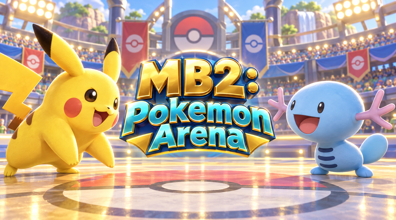MB2: Pokemon Arena title with Pikachu and Wooper facing off in a bright stadium