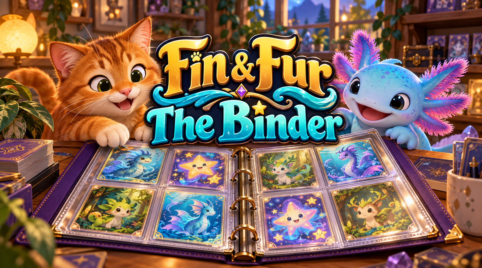 Fin & Fur The Binder: an orange cat and blue axolotl showing their Pokémon card collection